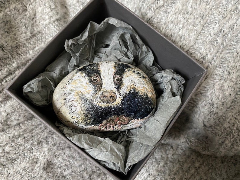 ‘Memories’ – Woodland Badger art Stone. A hand painted gift of care. - Image 3